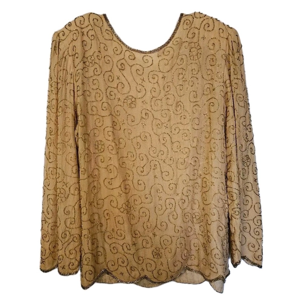 Valerie Stevens Blouse Women 16 Gold Pure‎ Silk Beaded Scalloped Long Sleeve Top